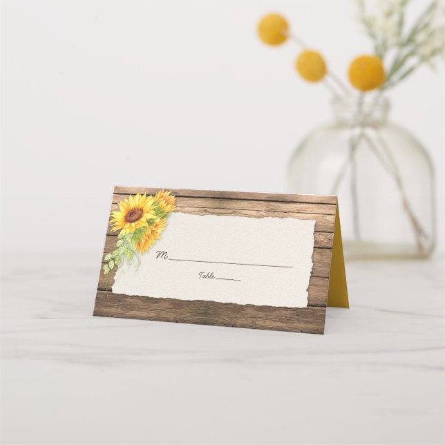Sunflowers Barn Wood Deckle Edge Paper Place Card (Front)