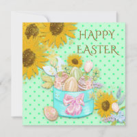 Sunflowers Basket of Eggs Happy Easter Green Dots