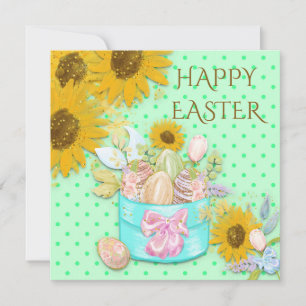 Sunflowers Basket of Eggs Happy Easter Green Dots Holiday Card