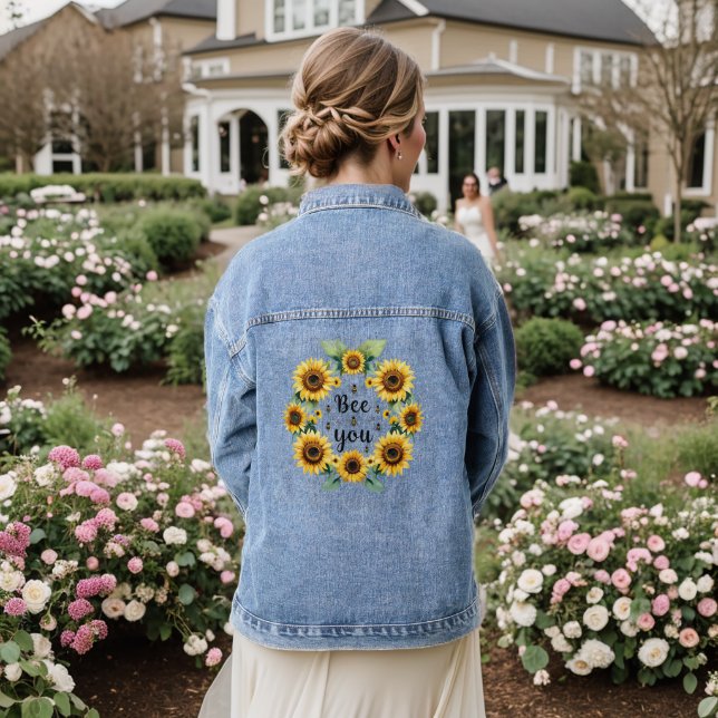 Sunflowers Bees Bee You Cute Trendy Inspirational Denim Jacket (Wedding Back)