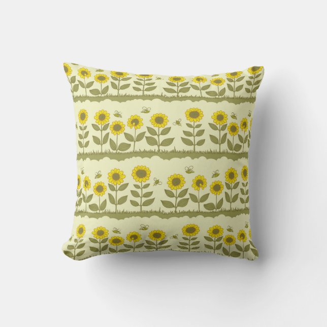 Sunflowers, bees, cute seamless pattern. cushion (Front)