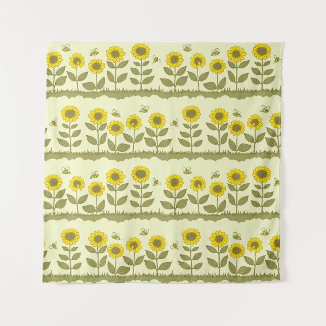 Sunflowers, bees, cute seamless pattern. tapestry (Front)