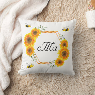 Sunflowers bees white couple monogram cushion
