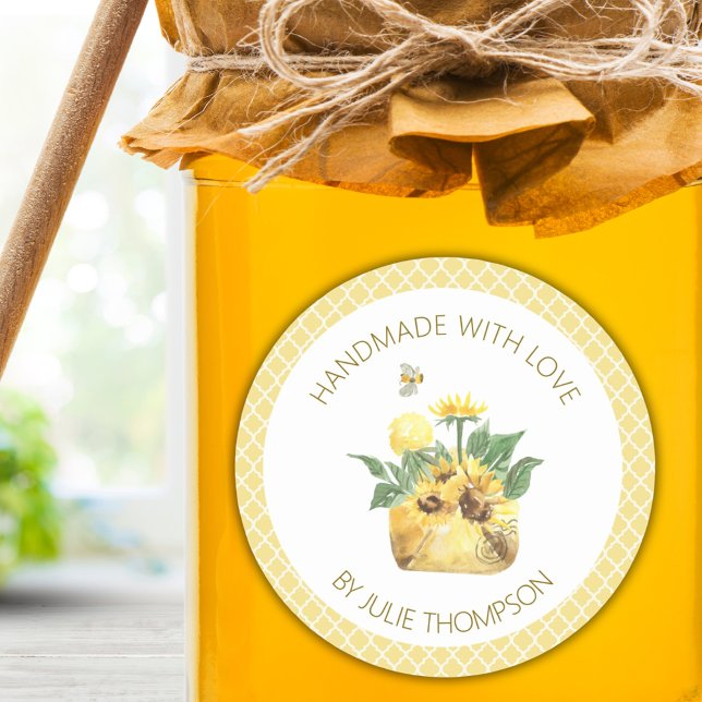 Sunflowers & Bees 🍯 Yellow Honeycomb Custom Honey Classic Round Sticker (Sunflowers & Bees 🍯 Yellow Honeycomb Custom Honey Classic Round Sticker)