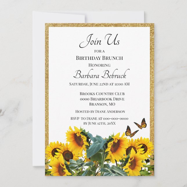 Sunflowers Birthday Brunch Gold Glitter Invitation (Front)