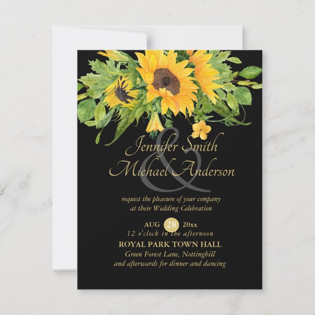 Sunflowers Black Gold Floral Wedding Invite (Front)