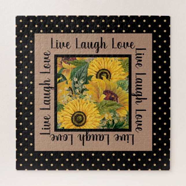 Sunflowers Black Gold Polka Dot Live Laugh Love Jigsaw Puzzle (Vertical)