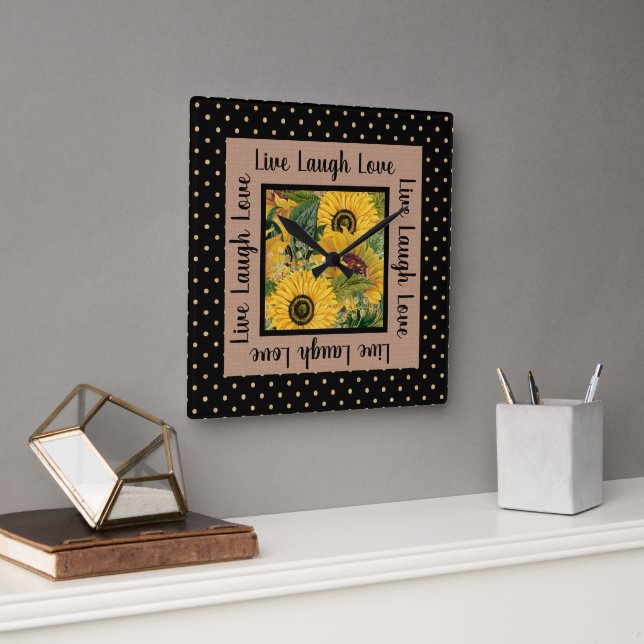 Sunflowers Black Gold Polka Dot Live Laugh Love Sq Square Wall Clock (Office)