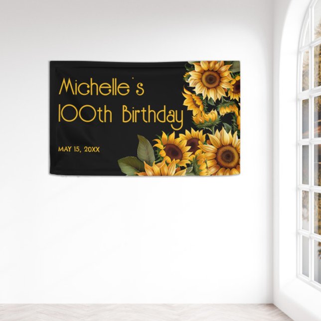 Sunflowers Black Rustic Elegant 100th Birthday Banner (Yellow sunflowers on black 100th birthday party banner)