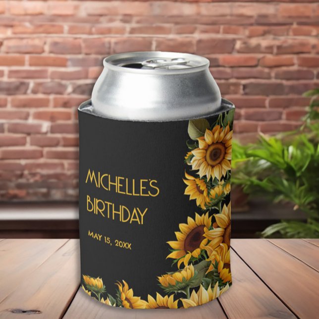 Sunflowers Black Rustic Elegant Name Birthday Can Cooler (Yellow sunflowers on black custom birthday party can cooler)