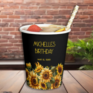 Sunflowers Black Rustic Elegant Name Birthday Paper Cups