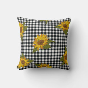 Sunflowers, black white buffalo check, floral. cushion