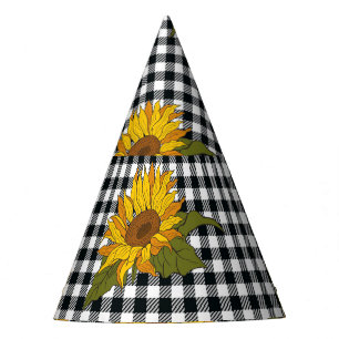 Sunflowers, black white buffalo check, floral. party hat