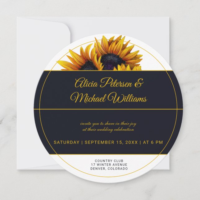 Sunflowers Bloom | Gold and Navy Modern Wedding Invitation (Front)