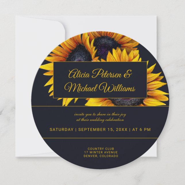 Sunflowers Bloom | Gold and Navy Modern Wedding Invitation (Front)