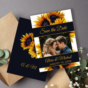 Sunflowers Bloom   Gold and Navy Photo Wedding Save The Date