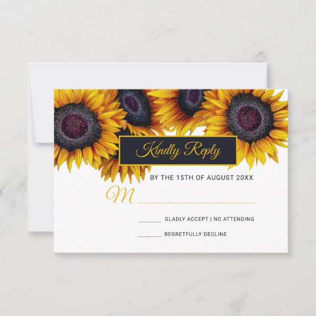 Sunflowers Bloom | Gold Navy Modern Wedding RSVP Card (Front)