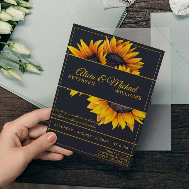 Sunflowers Bloom | Navy and Gold Modern Wedding Invitation (Creator Uploaded)