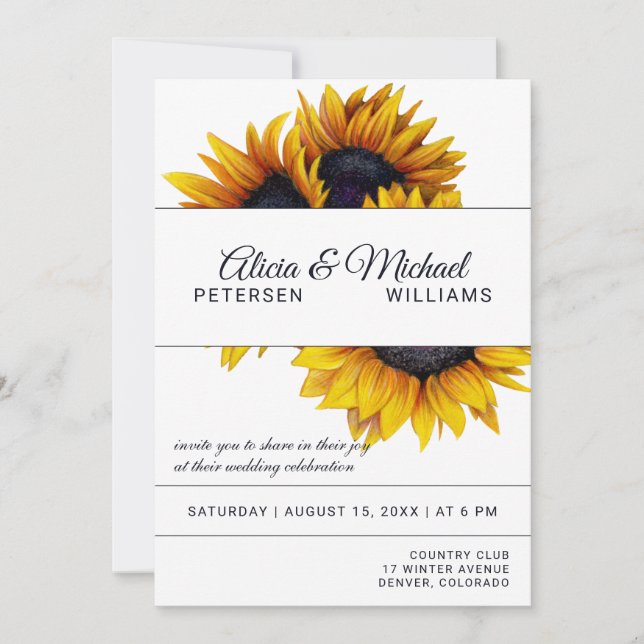 Sunflowers Bloom | Navy and White Modern Wedding Invitation (Front)