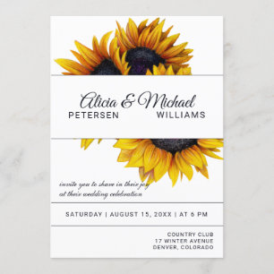 Sunflowers Bloom Navy and White Modern Wedding Invitation