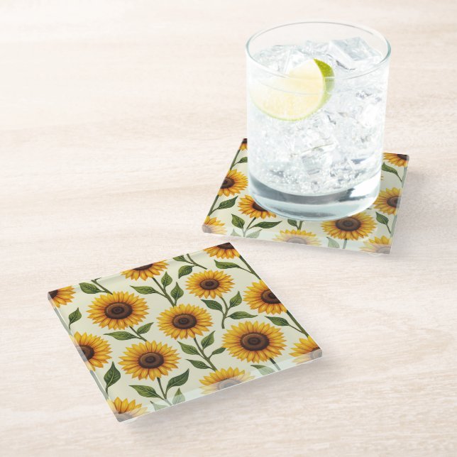 sunflowers blooming towards the sun glass coaster (Angled)