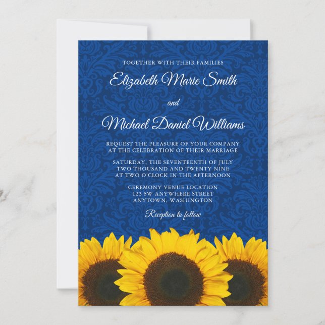 Sunflowers Blue Damask Wedding Invitation (Front)