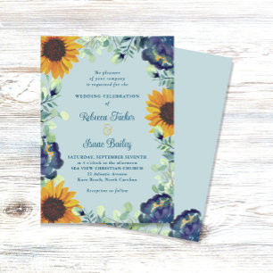 Sunflowers & Blue Flowers Greenery Floral Wedding Invitation