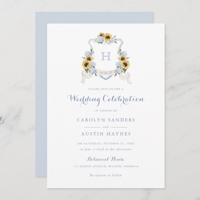 Sunflowers Blue Hydrangea Crest Monogram Wedding Invitation (Front/Back)