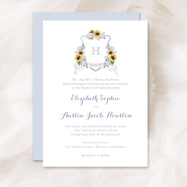 Sunflowers Blue Hydrangea Crest Monogram Wedding Invitation (Creator Uploaded)