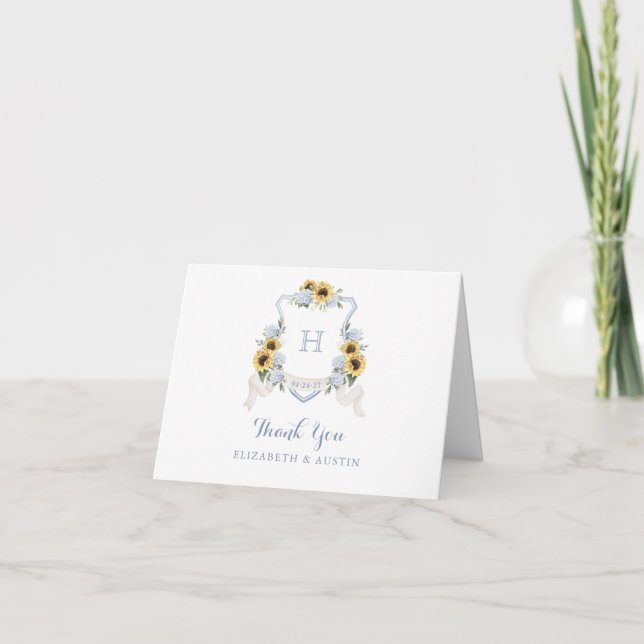 Sunflowers Blue Hydrangea Crest Monogram Wedding Thank You Card (Front)