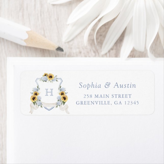 Sunflowers Blue Hydrangea Crest Return Address (Insitu)