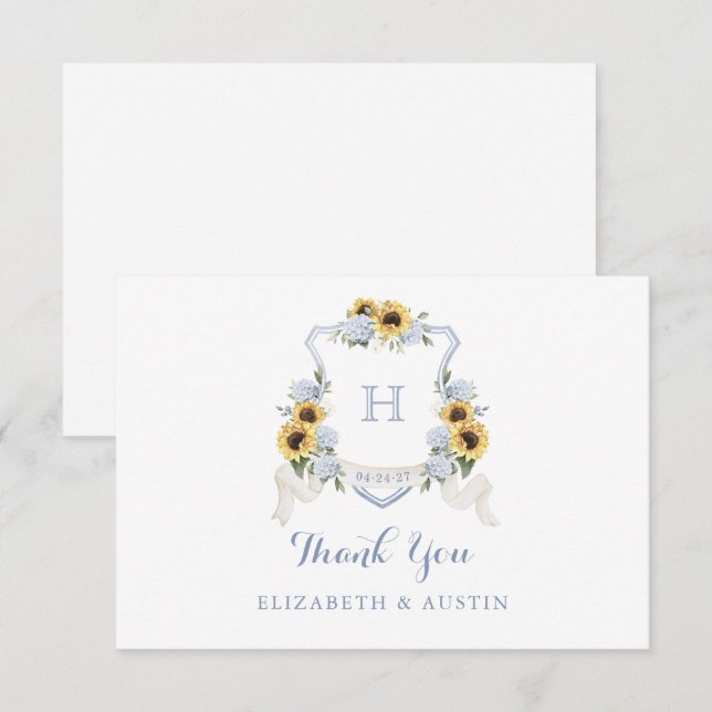 Sunflowers Blue Hydrangea Crest Wedding Monogram Thank You Card (Front/Back)