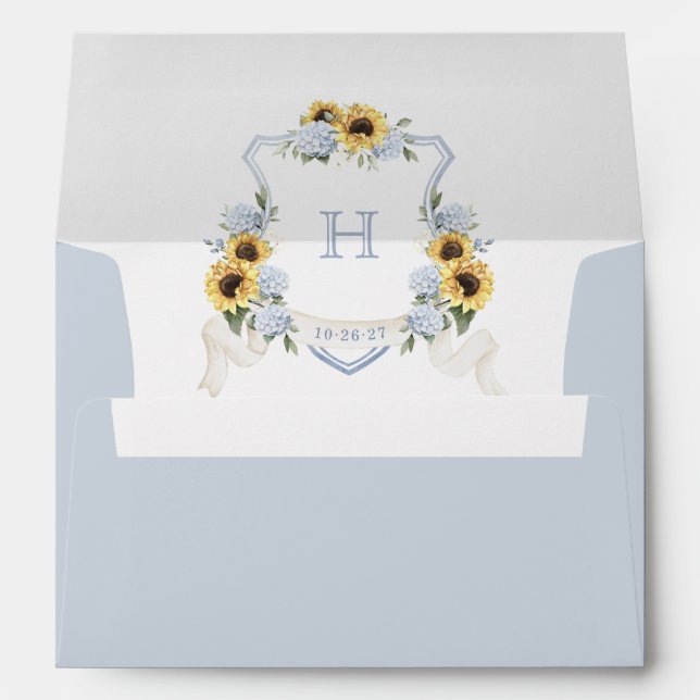 Sunflowers Blue Hydrangea Wedding Crest Envelope (Back (Bottom))