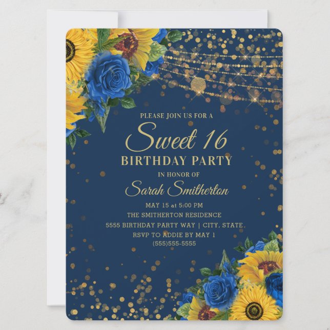 Sunflowers Blue Roses Gold Glitter Sweet 16 Invitation (Front)