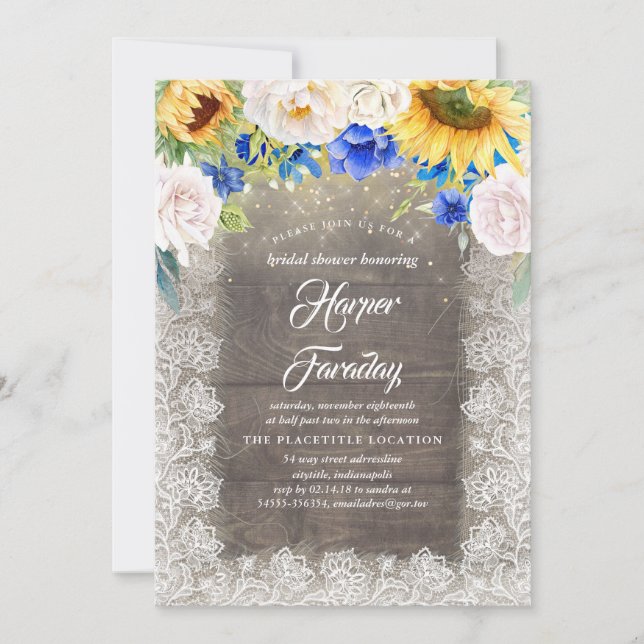 Sunflowers Blue White Rustic Fall Bridal Shower Invitation (Front)