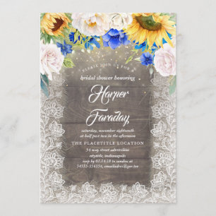 Sunflowers Blue White Rustic Fall Bridal Shower Invitation
