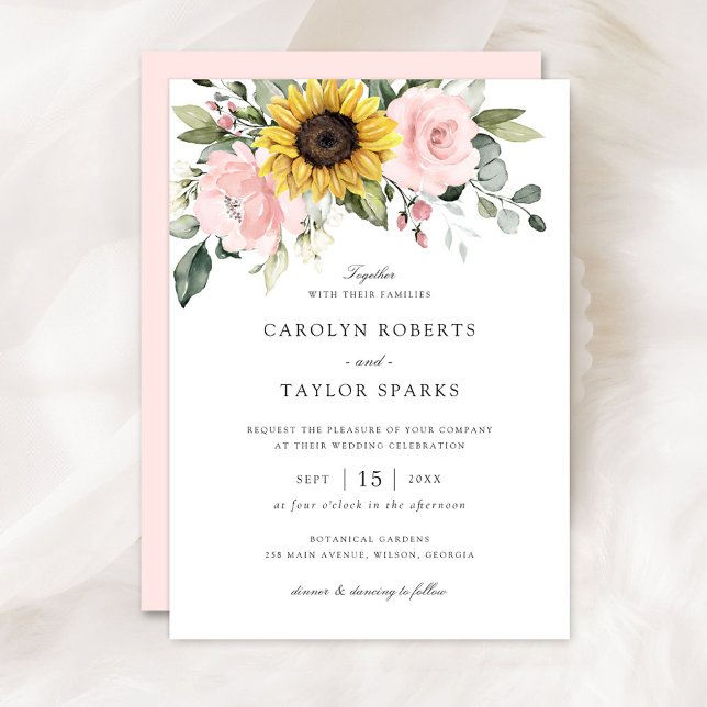 Sunflowers Blush Floral Greenery Romantic Wedding Invitation (Creator Uploaded)