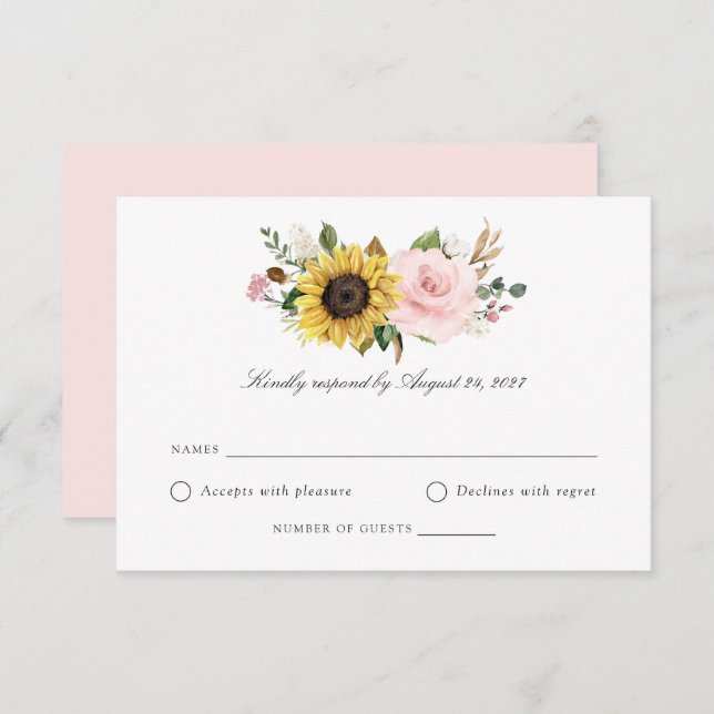 Sunflowers Blush Floral Greenery Wedding RSVP Card (Front/Back)