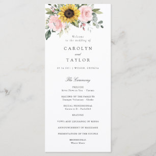 Sunflowers Blush Pink Floral Romantic Wedding Programme