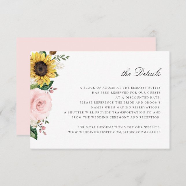 Sunflowers Blush Pink Floral Wedding Details Card (Front/Back)