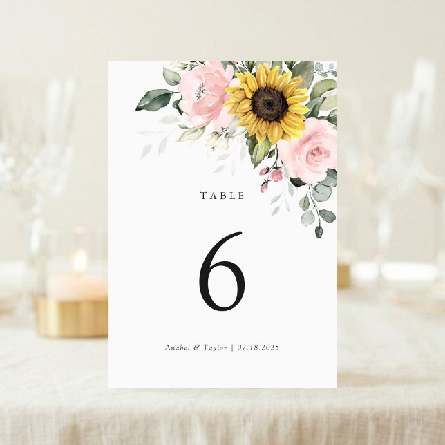 Sunflowers Blush Pink Floral Wedding Table Number (Creator Uploaded)