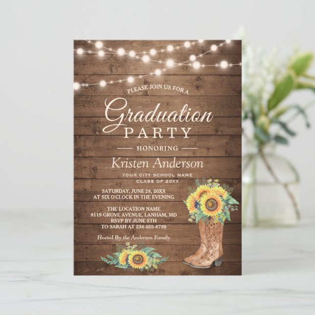 Sunflowers Boots String Lights Graduation Party Invitation (Standing Front)
