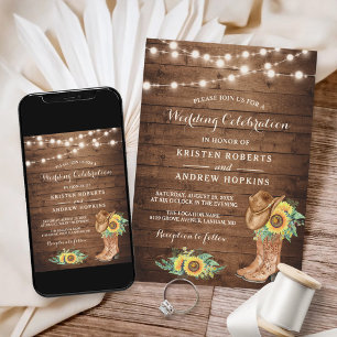 Sunflowers Boots String Lights Western Wedding Invitation