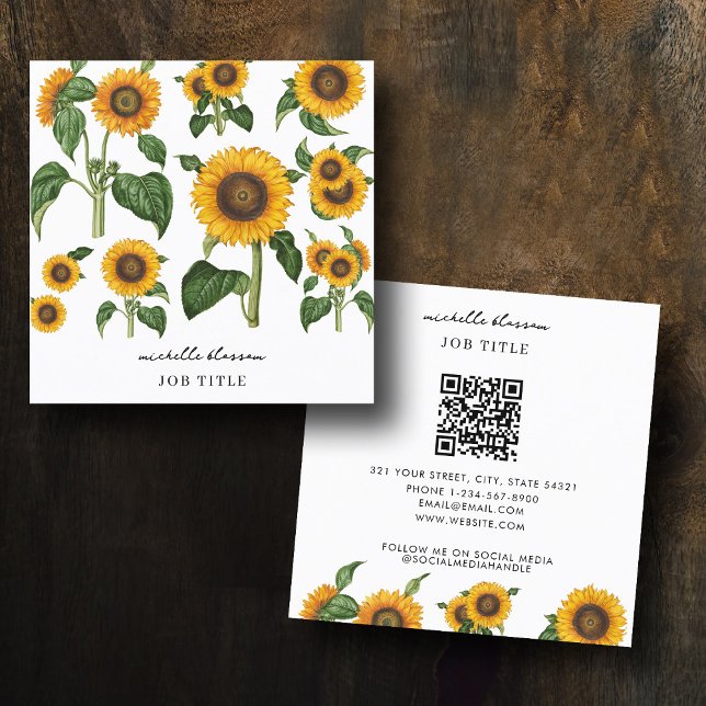 Sunflowers Botanical Foliage Greenery QR Code Square Business Card (Sunflowers Botanical Foliage Greenery QR Code Square Business Card)