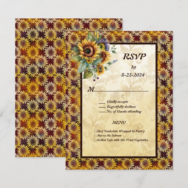 Sunflowers Bouquet Brown Gold  RSVP Card (Front/Back)
