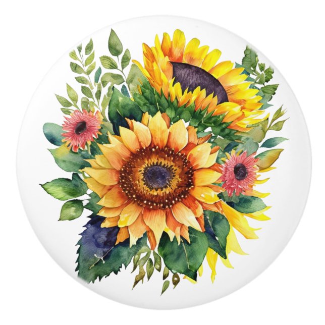 Sunflowers Bouquet - French Country Home Decor Ceramic Knob (Front)