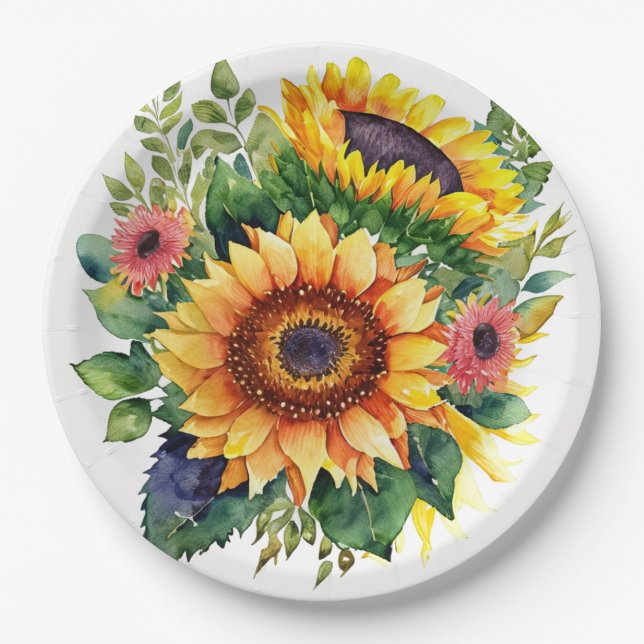 Sunflowers Bouquet - French Country Home Decor Paper Plate (Front)