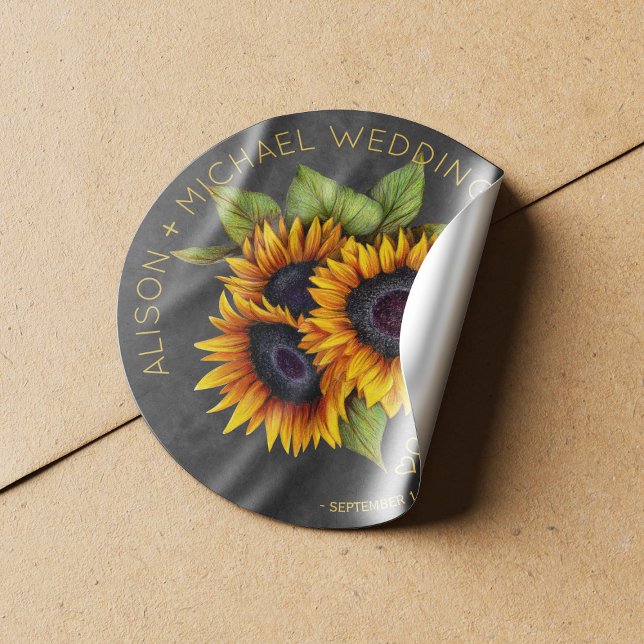 Sunflowers bouquet rustic chalkboard wedding classic round sticker (Creator Uploaded)