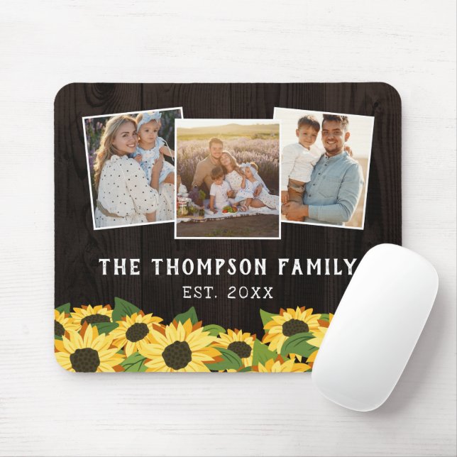 Sunflowers & Brown Wood Family Photo Collage Mouse Pad (With Mouse)