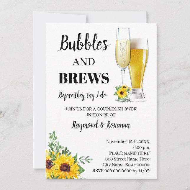 Sunflowers Bubble & Brews Couples Shower Invitation (Front)